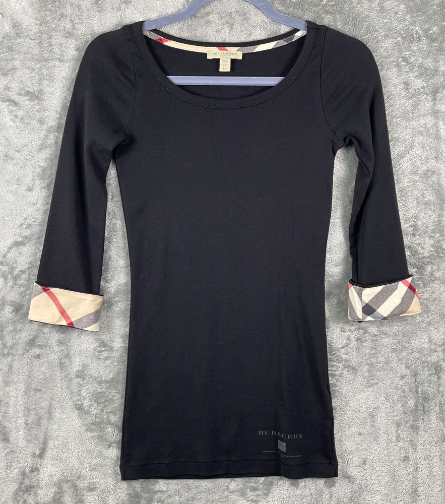 Burberry Brit Shirt Women’s XS Black Scoop Neck 3/4 Sleeve Preppy Top Nova Check