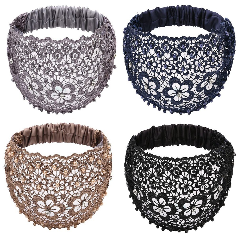 4pcs Wide Floral Pearl Lace Elastic Headbands Hair Accessories for Women Fashion