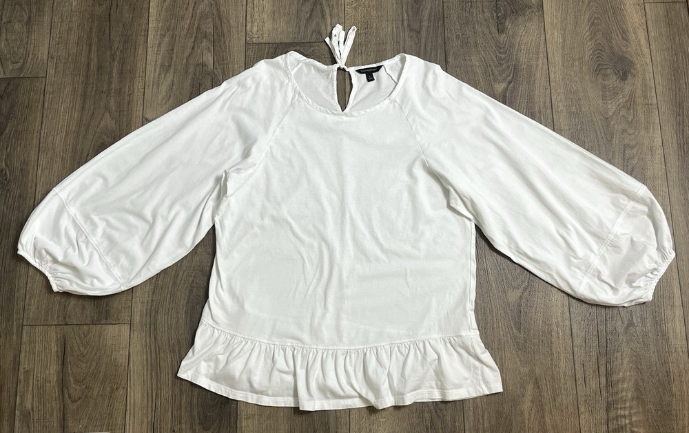 Banana Republic White Long Balloon Sleeve Top Sz L Ruffled Hem Organic Cotton