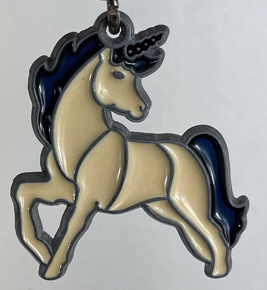 Vintage Stained Glass Unicorn Keychain White w/Blue Mane & Tail Suncatcher