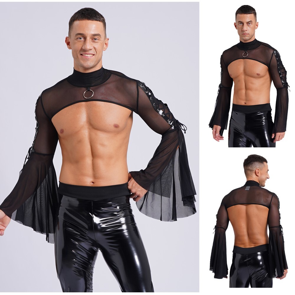 Mens Gothic Crop Top Sheer Shrug Long Sleeve Music Festival Clubwear