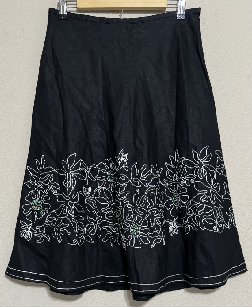 Rafaella Women's Black 100% Linen Midi Skirt A Line Flare Embroidered Sequins 10