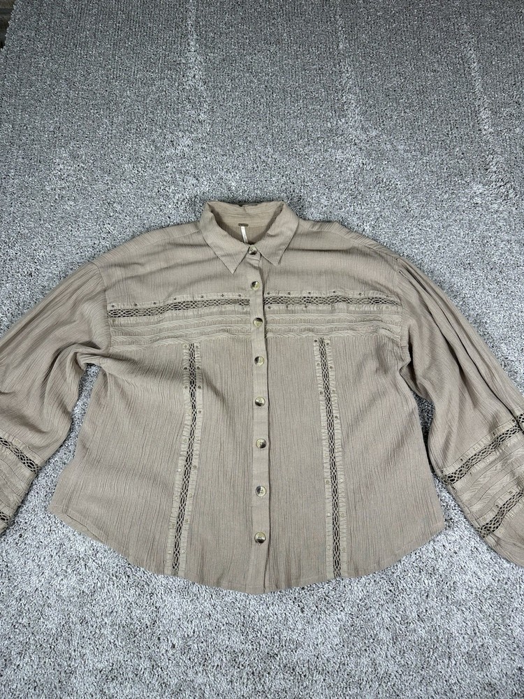 Free People Shirt Top Size Medium Long Sleeve Button Down Brown