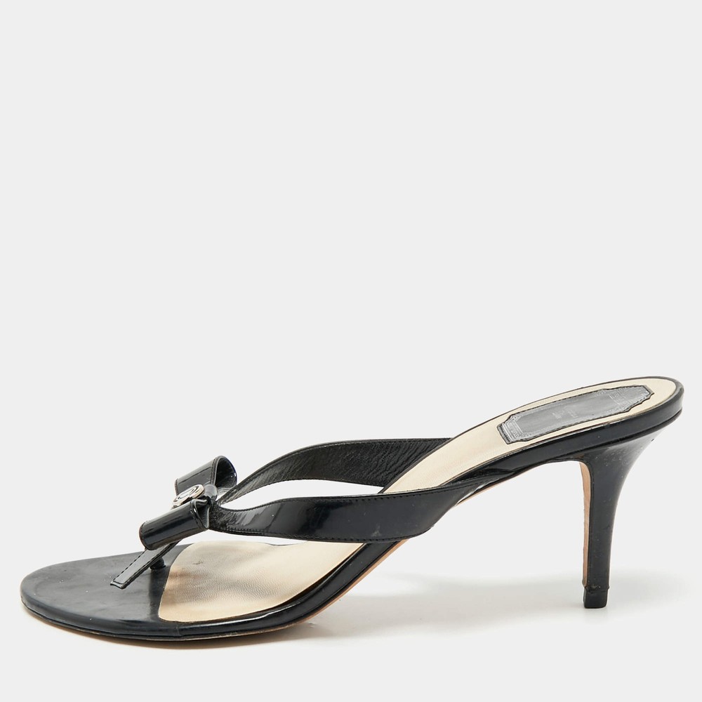 Christian Dior Black Patent Logo Bow Slides Size 41