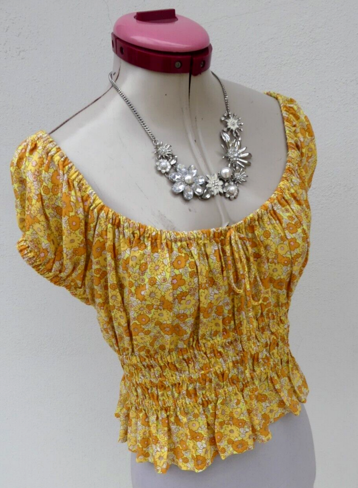 Yellow Floral Boho Crop Top Size AU 18 NWT Cottagecore Style