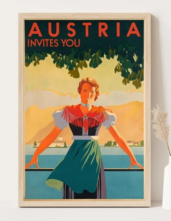 Austria invites you vintage travel poster, Extra large wall art