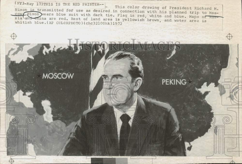 1972 Press Photo Drawing of U.S. President Nixon with maps of China and Russia
