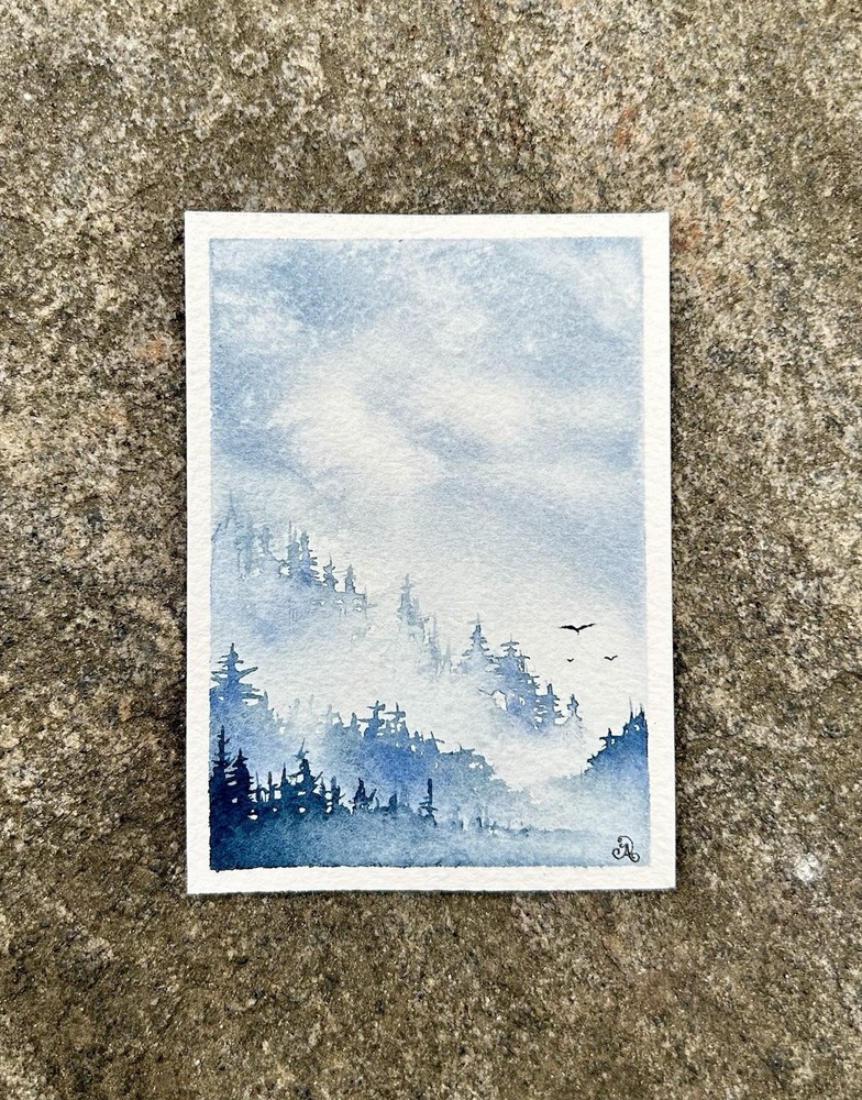 Misty Mountains- Original Watercolor ACEO Painting 2.5x3.5 ATC Card