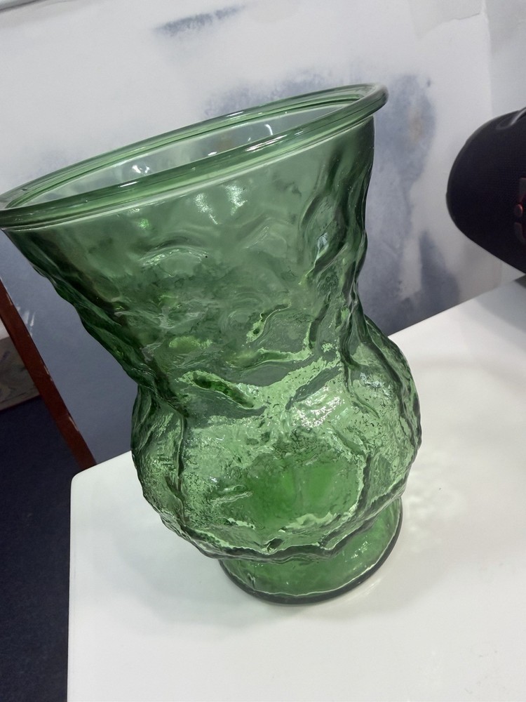 Green Textured Art Glass Vase Abstract Decorative Glossy Finish