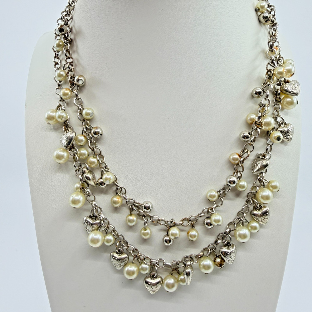 VTG Silver Tone Multi Strand Faux Pearl Heart Charm Chunky Statement Necklace