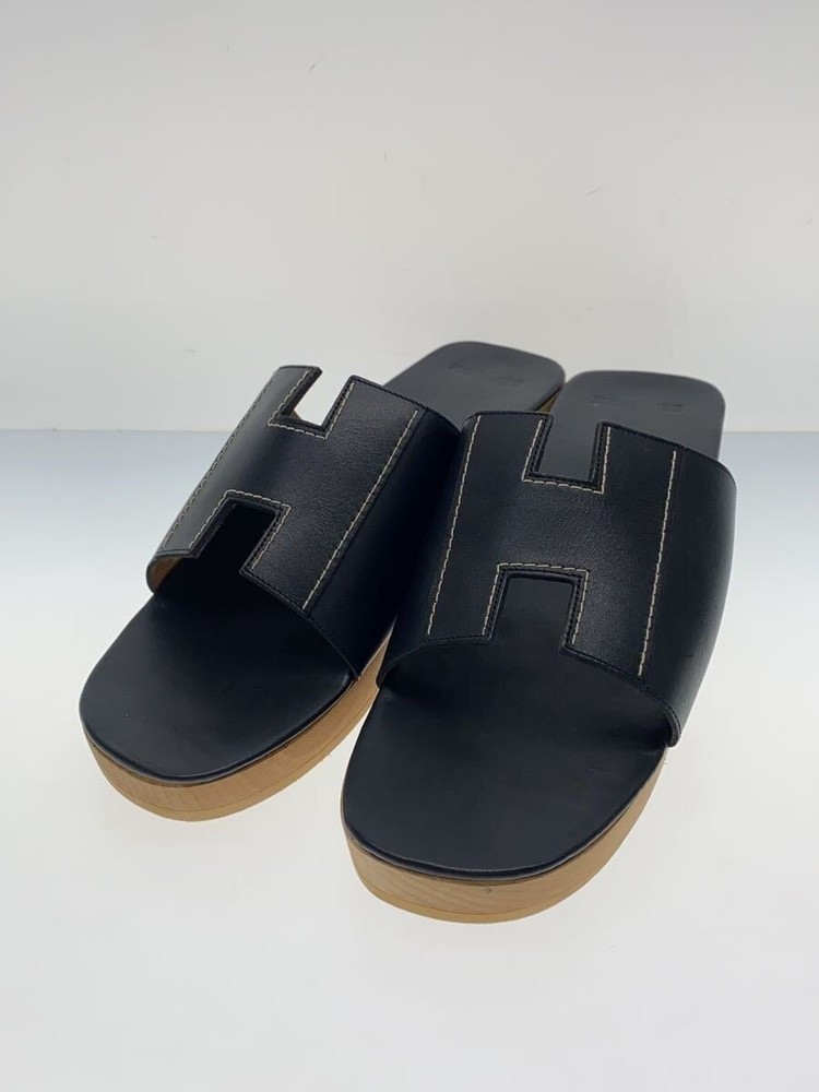Authentic HERMES Black Leather Slip-On Sandals EU 38 Preowned F/S