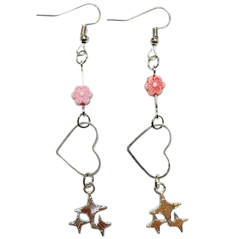 Pentagrams Earrings Tiny Heart Star Pendant Drop Ear Rings for Sensitive Ears