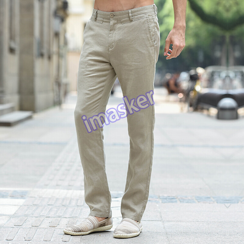 Mens Summer Linen Casual Pants Solid Color Slim Trousers Thin Cotton and Linen