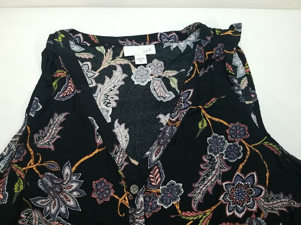J Jill Sz Large Black Paisley Floral Sleeveless Blouse Button Up Tunic Tank Top