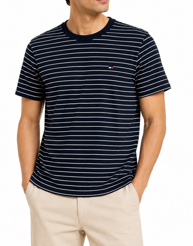 New Mens Tommy Hilfiger Flag Logo Navy / White Stripe Crew Neck Tee T Shirt S