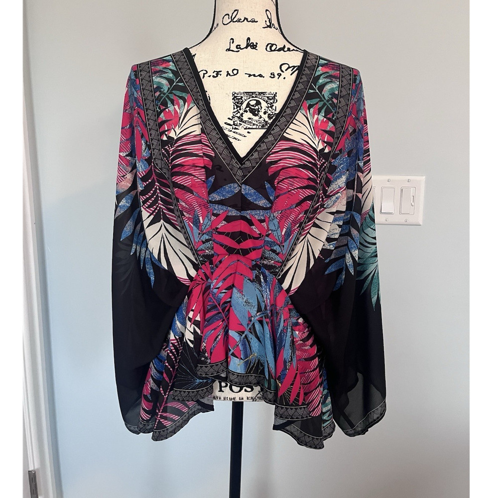 Flying Tomato Chiffon Tropical Floral Kimono Sleeve Blouse L Black Pink Blue
