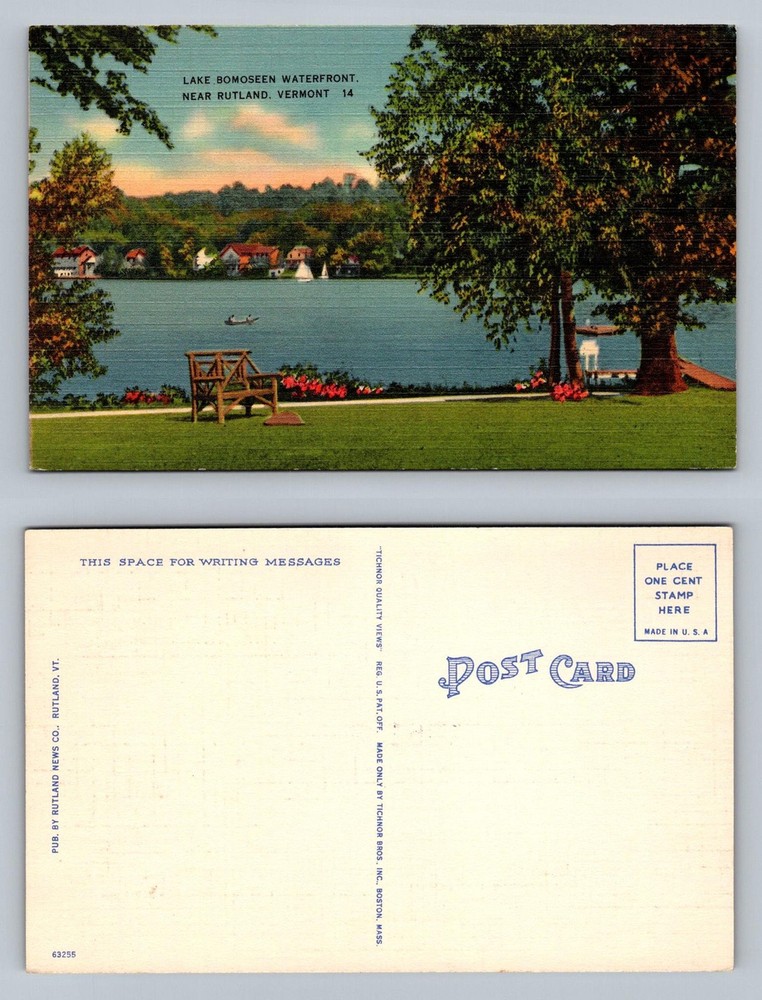 Rutland, VT-Vermont, Lake Bomoseen Waterfront Bench View Vintage Postcard
