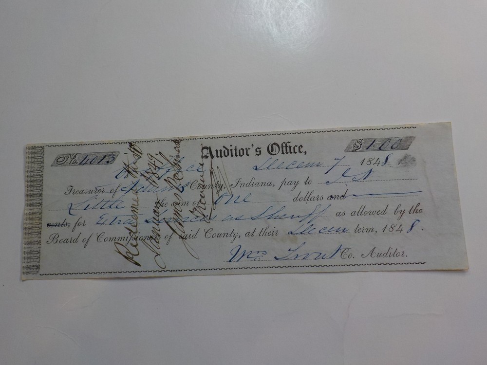 Antique Check 1848 Sheriff Extra Services Adams County Indiana Paper Money