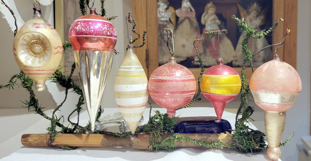 Six 1890s larger German Glass Ornaments. Geometrics, Cones, Spheres, etc.
