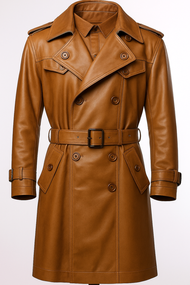 Men's Tan 100% Real Lambskin Leather Trench Coat Stylish Winter Vintage Overcoat