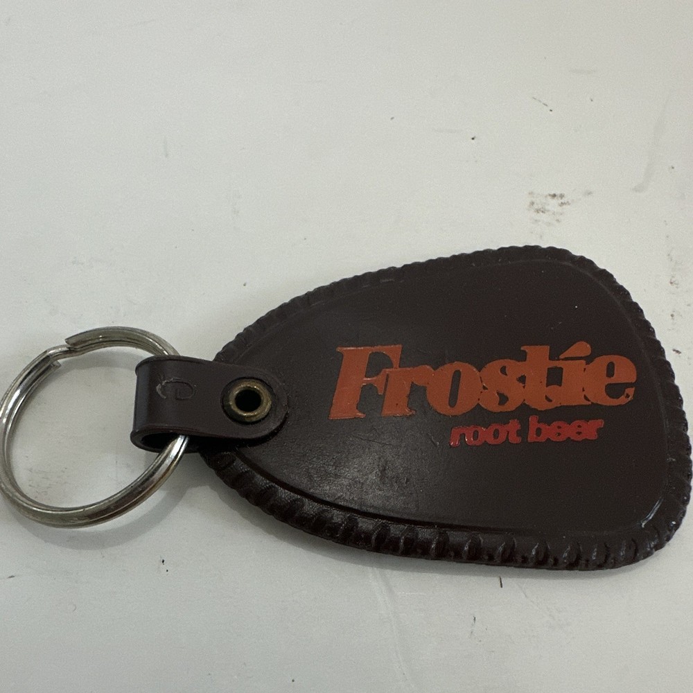 Vintage Frostie Root Beer Advertising Keychain Key Ring Brown Orange