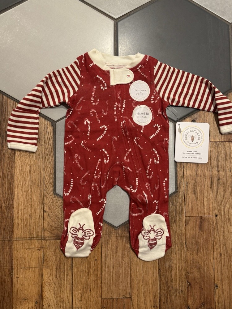 Burts Bees One Piece Pajama Newborn Baby Christmas Candy Cane Organic Cotton NWT