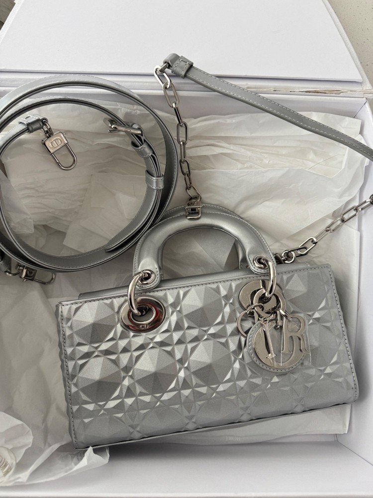 Mini Lady Dior Bag. Metallic Silver-Tone, Calfskin, 17x15x7cm
