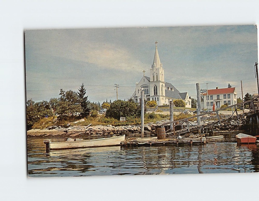 Postcard Catholic Church & Waterfront East Side Boothbay Harbor Maine USA