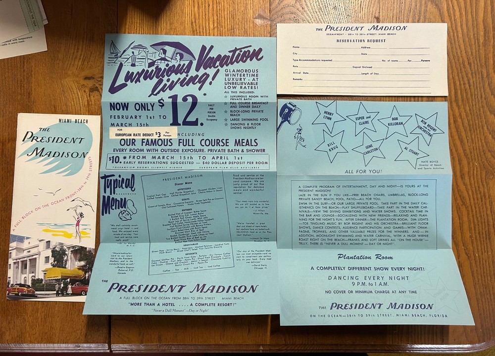 Vintage 1950’s Miami Beach The President Madison Hotel Brochure Package Florida