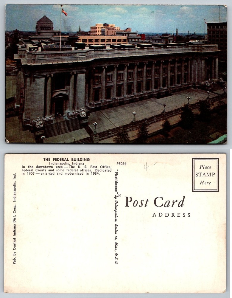 Indianapolis Federal Building Post Office Plastichrome Postcard Vintage P5035