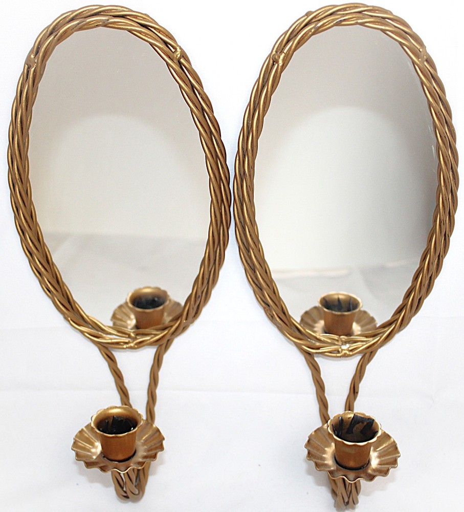Vintage Metal Pair Antique Gold Twisted Rope Oval Mirror 13