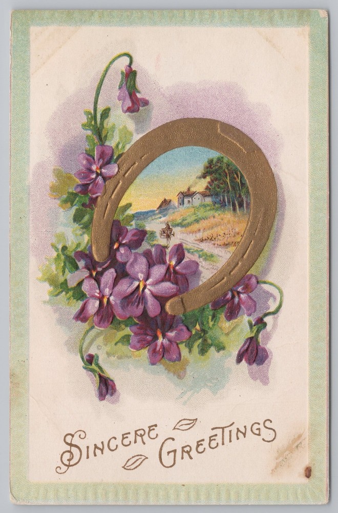 Greetings~Pastoral Scene In Gold Horseshoe~Violets~Emb~Julius Bien~Vintage PC