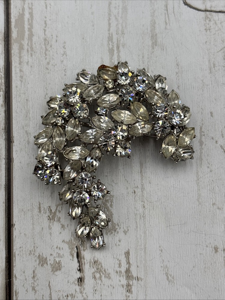CROWN TRIFARI Alfred PHILIPPE VINTAGE Clear Rhinestone Crescent Brooch Pin