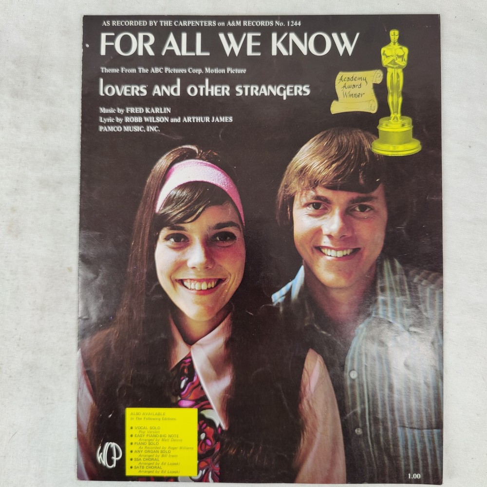For All We Know Lovers and other strangers Rare 1970 Vintage Sheet Music