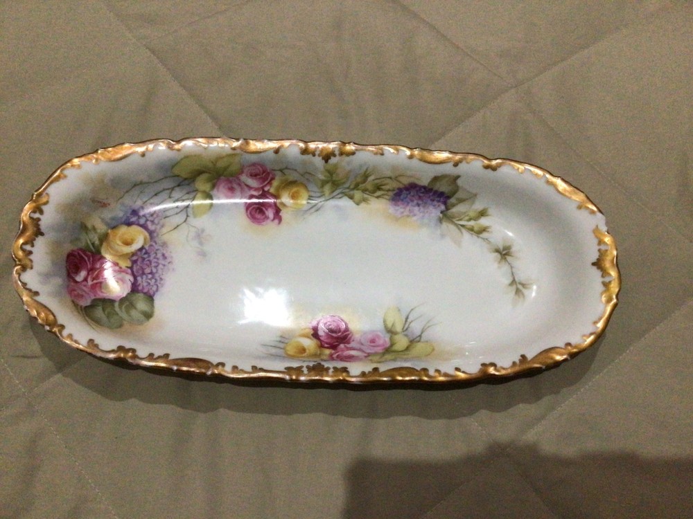 Antique T.V Limoges France Hand Painted Floral Celery- 12.5”-Signed.1892-1907