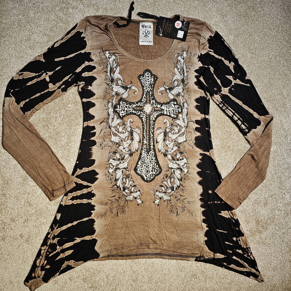 Vtg NEW 90s VOCAL Gothic Cross Size M Embellished Top Y2k Opal Grunge Fairy Emo