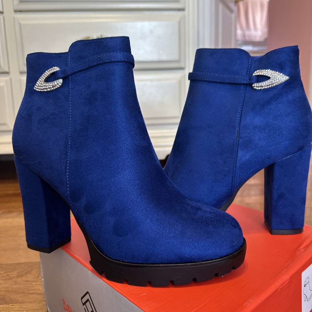 Blue Rhinestone-Embellished Faux Suede Heeled Boots for Women in Size 10
