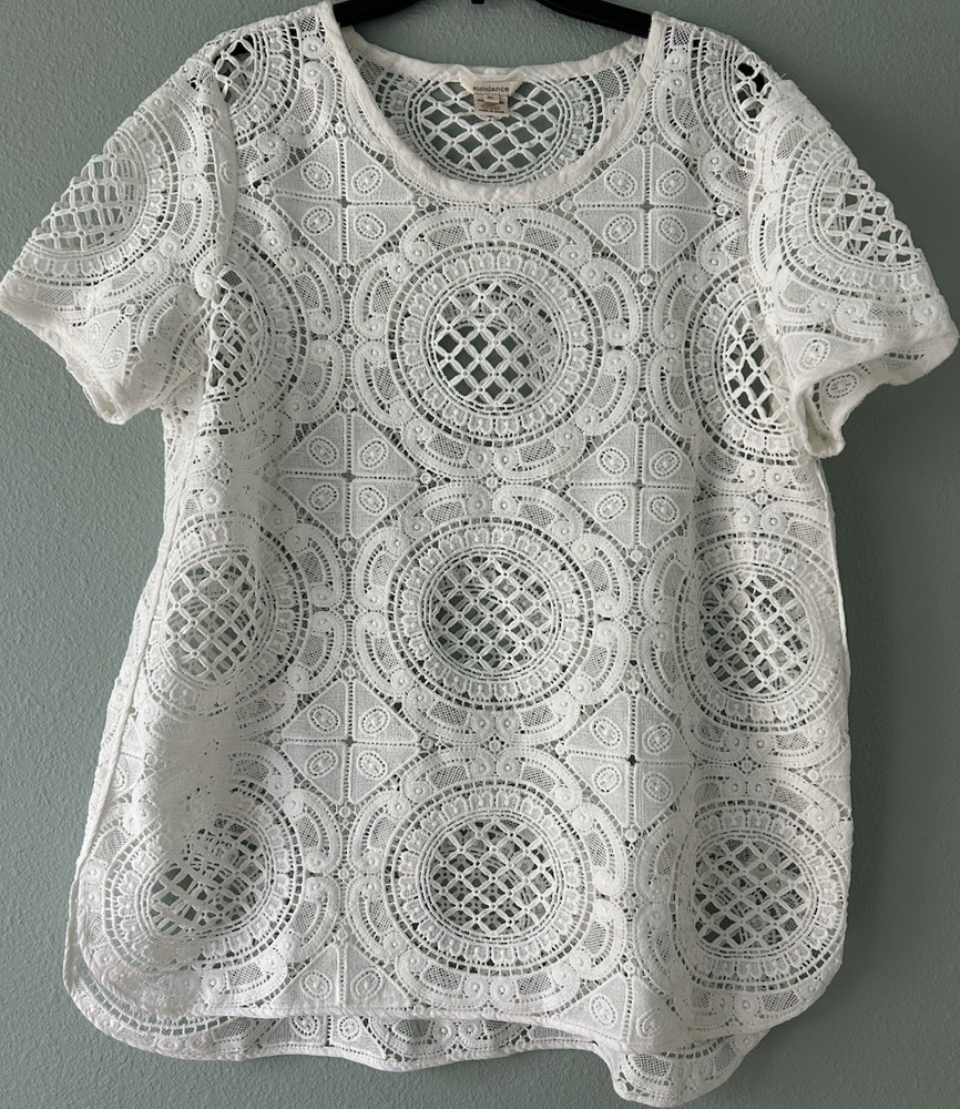 Sundance Crochet Tunic Blouse White Short Sleeve Women’s Size XL