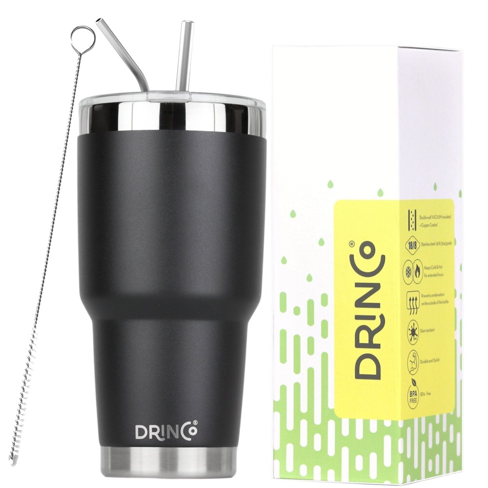 DRINCO 30oz Insulated Tumbler with Spill-Proof Lid and 2 Straws in Black