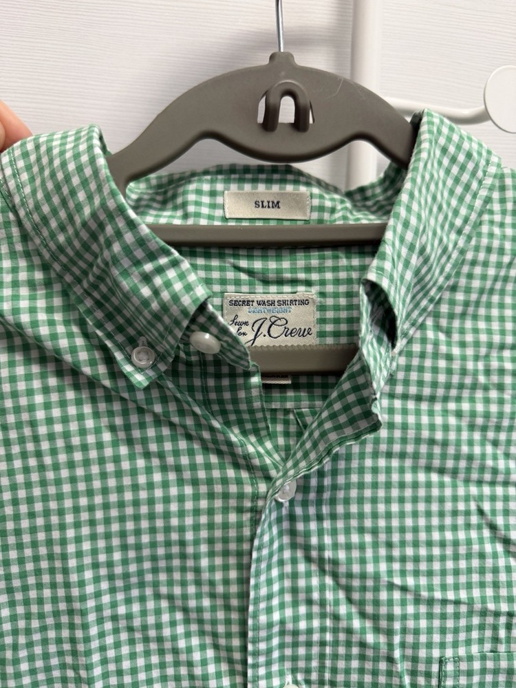 J.Crew Button Down Mens L Green Gingham Secret Wash Slim Fit Long Sleeve Shirt