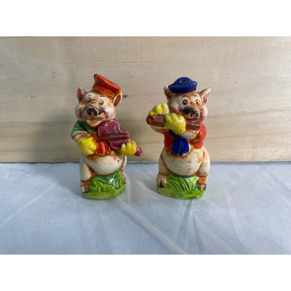 Vintage Anthropomorphic Musical Pig Salt and Pepper Shakers Japan Ceramic Set