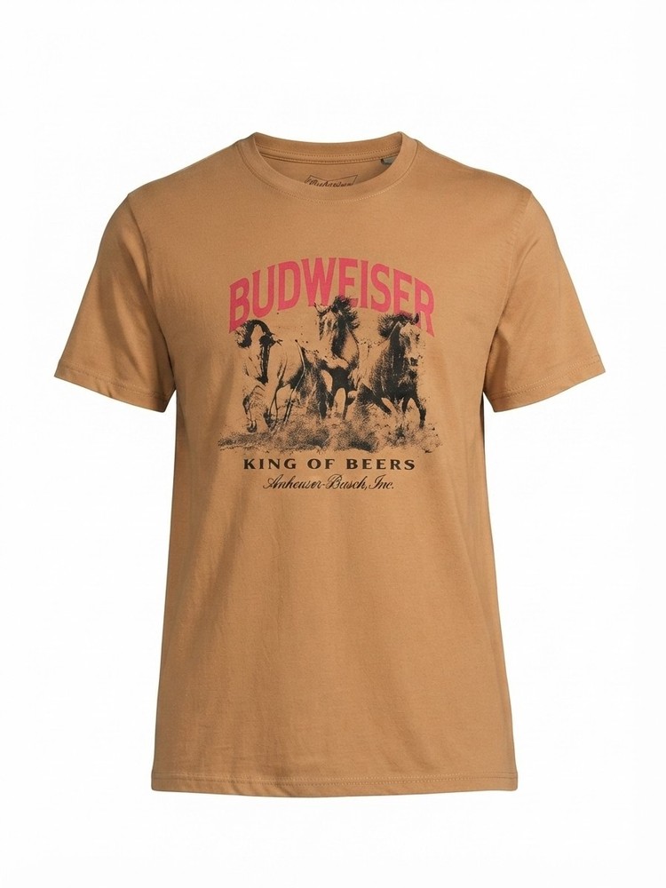 Budweiser Shirt Mens XL Short Sleeve Spell Out Horses King of Beer Knit Brown