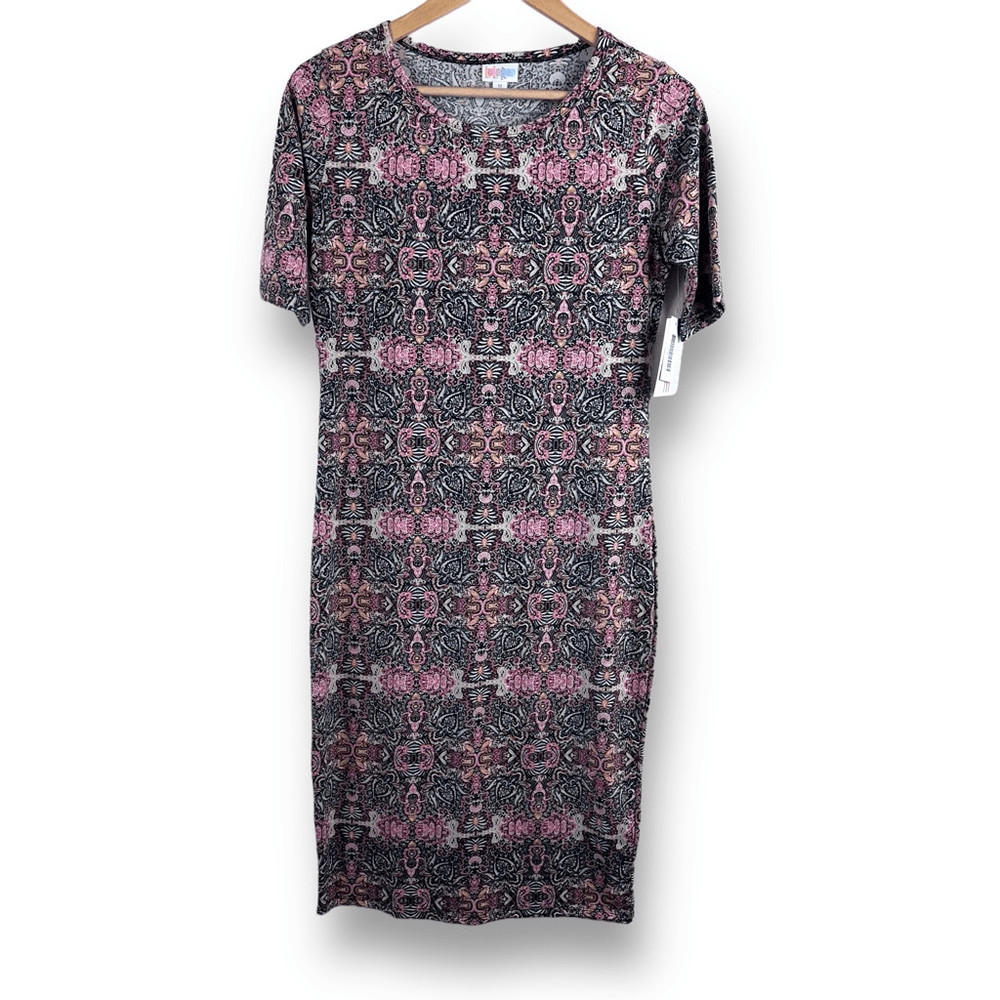 LuLaRoe Women’s M Julia Midi Dress Black Pink Boho Mandala Print Stretch New