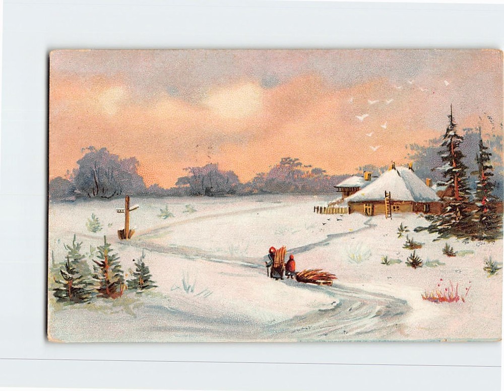Postcard Greeting Card with Snow Landscape Embossed Scenery