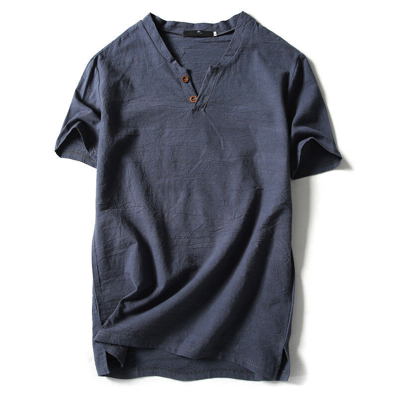 Men Summer Cotton Linen Short Sleeve V-Neck T-shirt Blouse Tee Solid Tops
