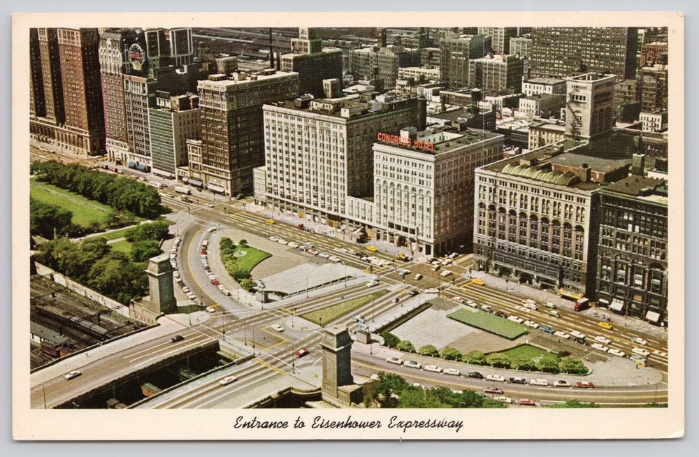 Chicago Michigan Ave Eisenhower Expressway Pick Congress Hotel Postcard