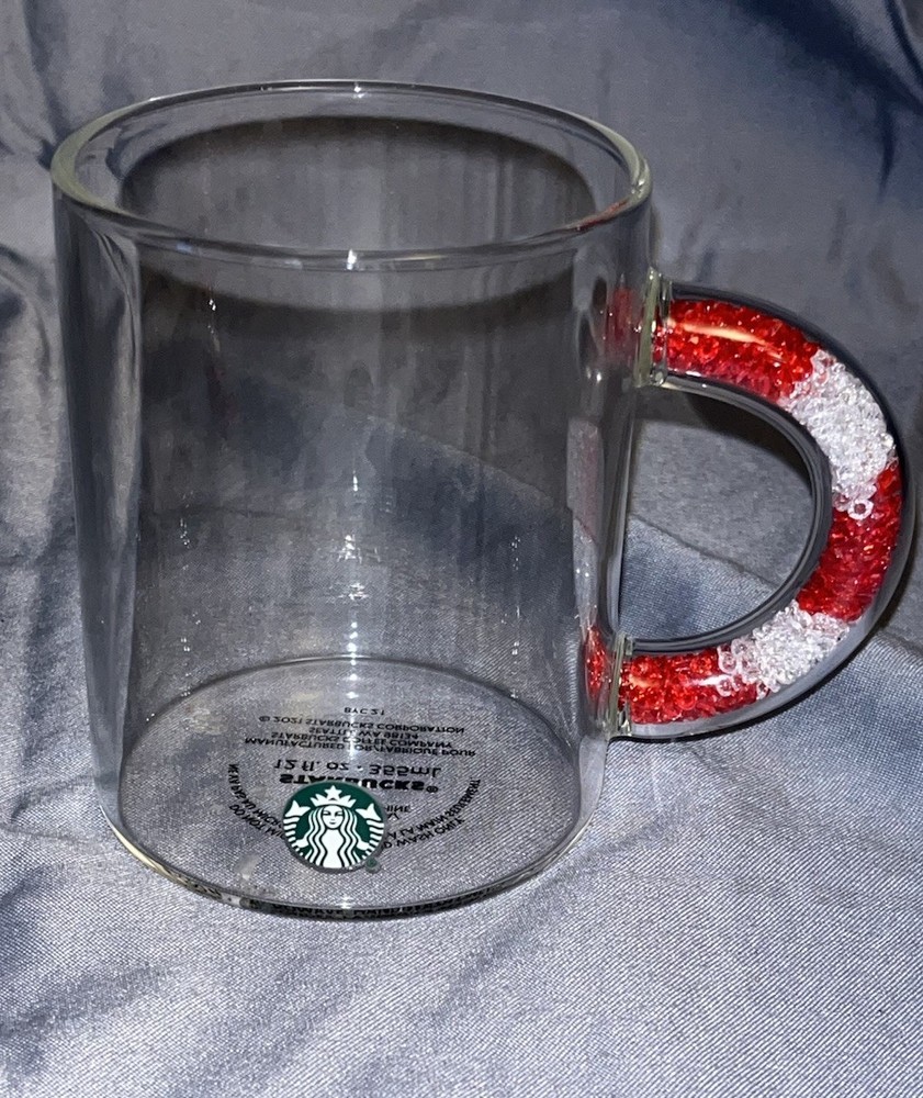 Starbucks 2021 Valentine’s Glass Clear Mug Red And White Sparkle Handle 12 oz.