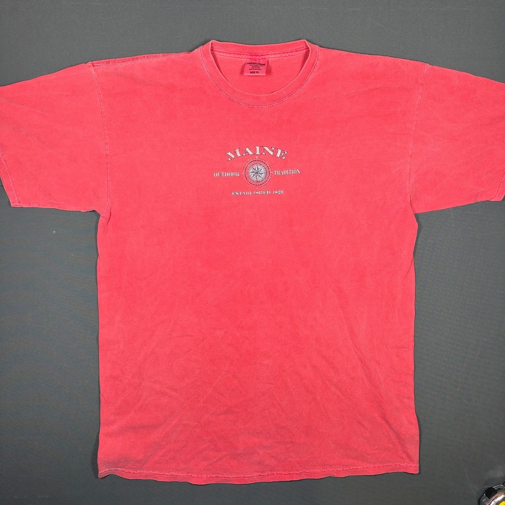 Comfort Colors Maine Outdoor Tradition Coral Red Graphic T-Shirt Size XL Gorp