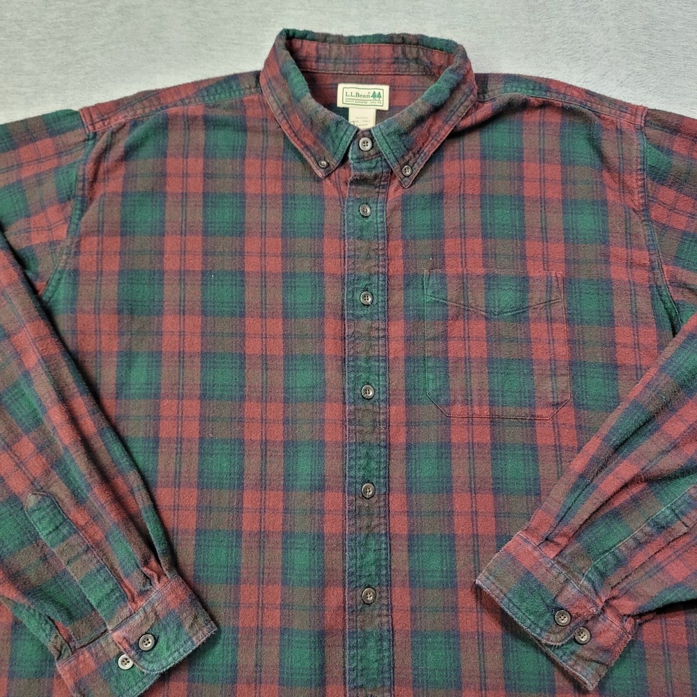 LL Bean Flannel Shirt Mens 2XLT Red Green Plaid Button Down Chest Pocket Outdoor