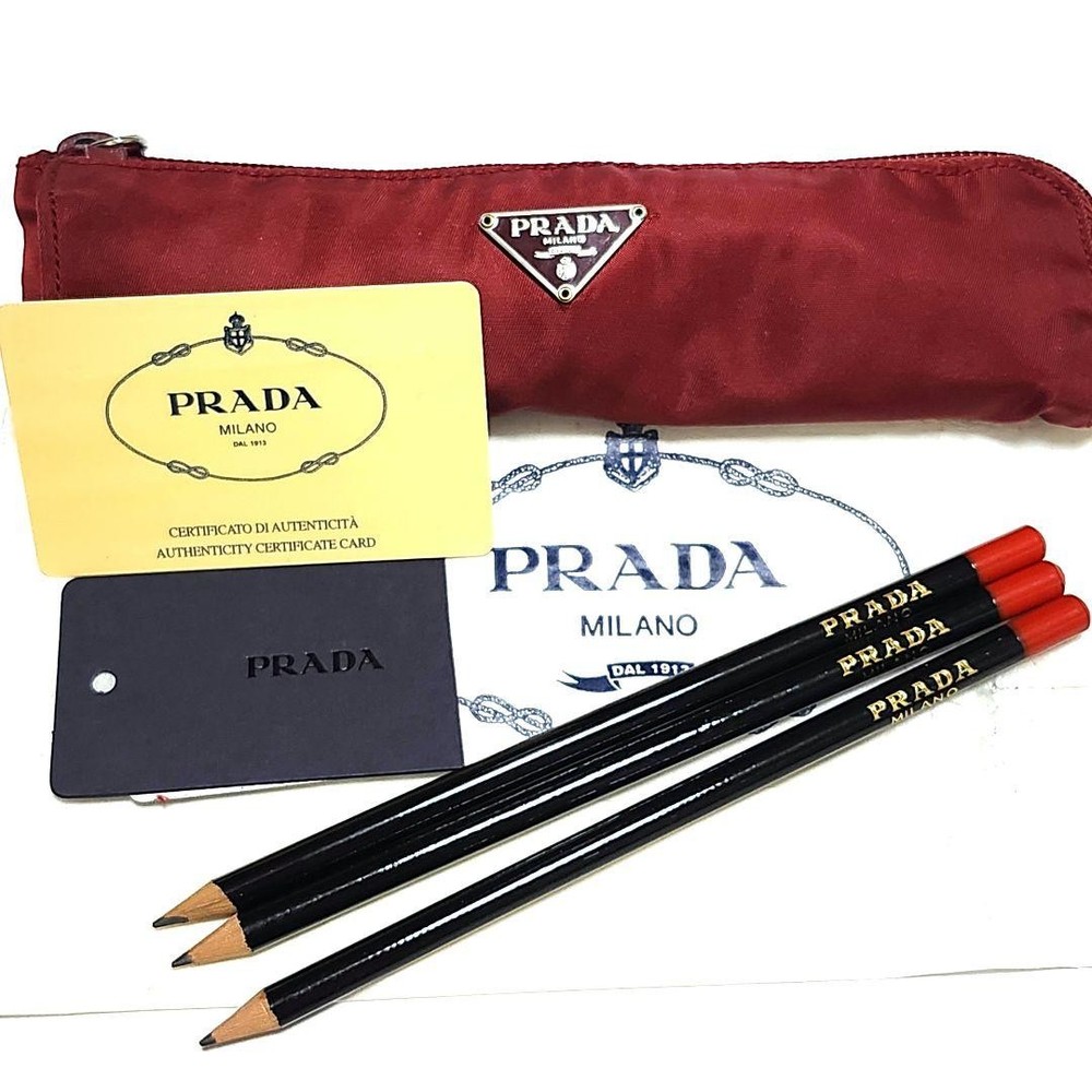 Prada Triangle Plate Red Pouch with Guarantee Card for Stationery